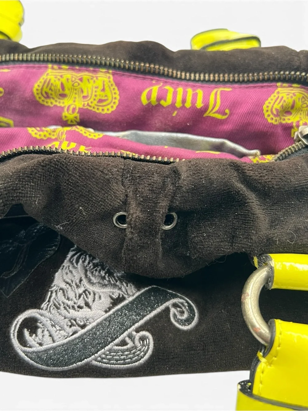 Vintage Y2K Juicy Couture Black Velour Hobo Bag Neon Yellow Scottie Crown Logo